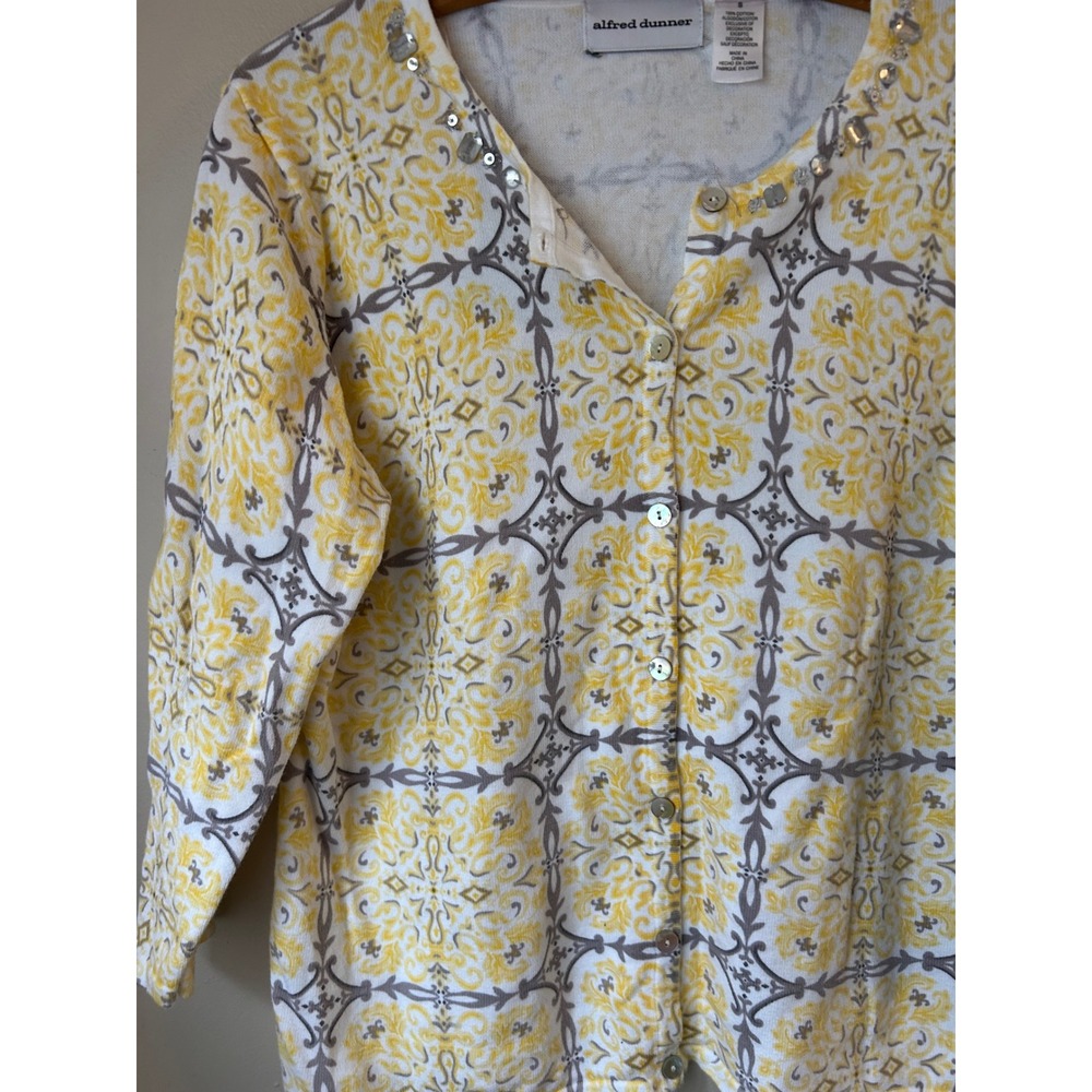 Alfred Dunner Yellow Gray Scroll Pattern Beaded Neckline Cardigan Sweater Size S